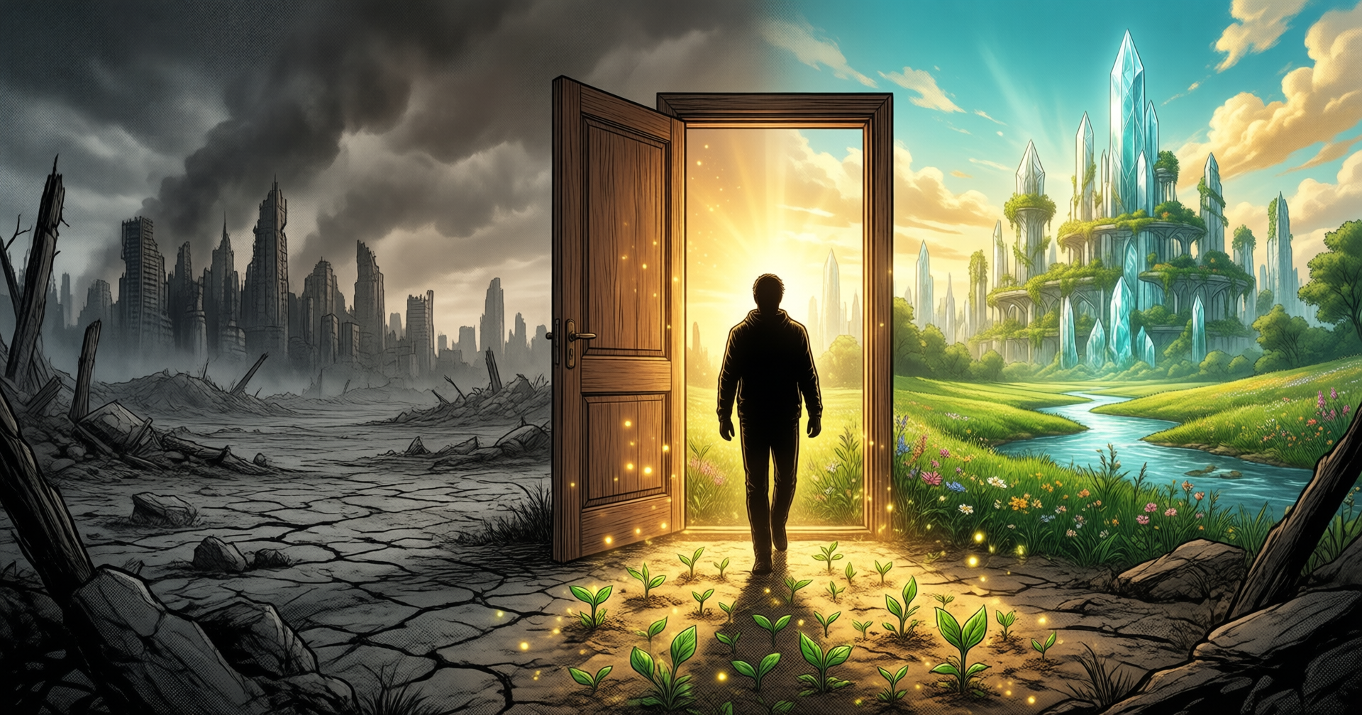 An open door in a ruined landscape revealing a green city beyond